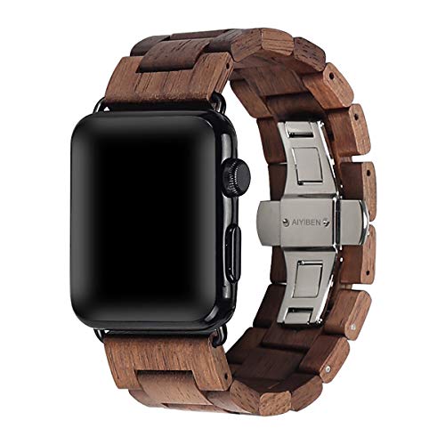 AIYIBEN Correa de reloj de madera 38mm/40mm con hebilla de mariposa de acero inoxidable compatible para iWatch Series 1 2 3 4 5 (Nuez)