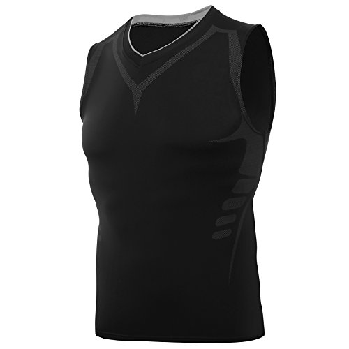 AMZSPORT Camiseta de compresión sin mangas para hombre Deportes de Secado Rápido Baselayer Funcionamiento Tirantes Negro XL