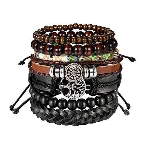 Aroncent Pulsera de Cuero Cuentas de Madera Colgante de Árbol de Vida/Sol/Cráneo Brazalete Ajustable de Buena Suerte Joyería Multicapa para Hombre Mujer Pareja, 2PCS