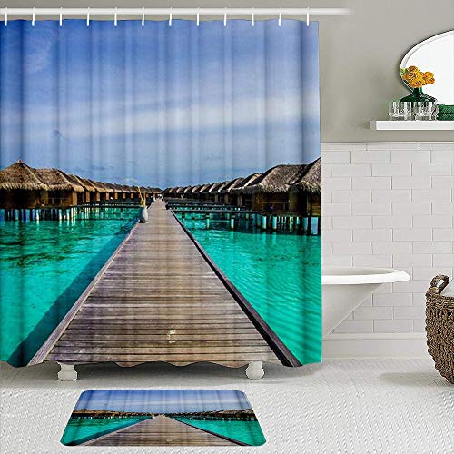 AXEDENRRT Juego de Cortinas y tapetes de Ducha de Tela,Sea Bridge Chalet,Cortinas de baño repelentes al Agua con 12 Ganchos, alfombras Antideslizantes