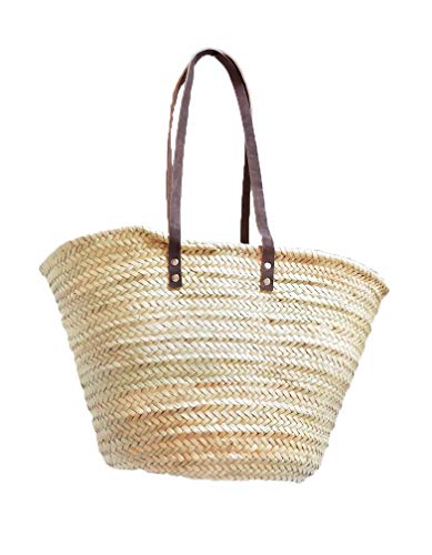 Birdikus Capazo de Palma básico, Cesta de Fibras Naturales, con Asas Larga de Cuero curtido Estilo rústico. Cesto o Bolso de Mimbre para la Playa (7V, Aprox. 42x25 cm)