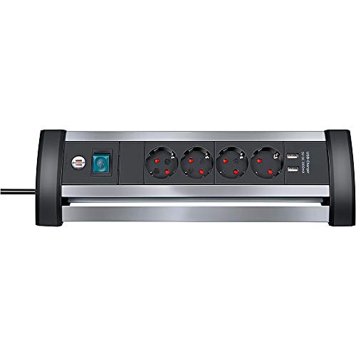 Brennenstuhl Alu-Office-Line regleta enchufes con USB y 4 tomas corriente para mesa (cable de 1.8 m, carga USB, interruptor iluminado, Fabricado en Alemania) plateado/negro