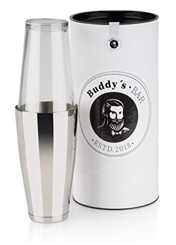 Buddy's Bar - Coctelera Boston, coctelera de acero inoxidable brillante de 700ml + vaso de 400ml, apta para alimentos y apta para lavavajillas, coctelera elegante con caja de regalo inclusiva