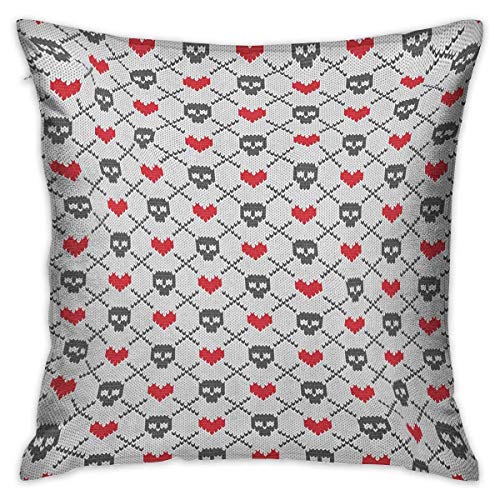 Calavera cuadrada Funda de almohada divertida Cráneos y corazones geométricos Cruces Punto de trabajo Patrón nórdico de punto Imprimir Gris Rojo Cojín de coco Fundas de almohada para sofá Dormitorio C