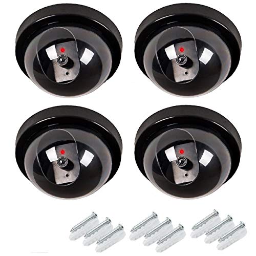 Cámaras de Simulada, SeeKool Falsa Dummy Cúpula Cámara Simuladas para Seguridad Interior Exterior con LED Luz Roja Intermitente, Vigilancia Cámara Simulada CCTV, con Pegatina, Negro (4 Pack)