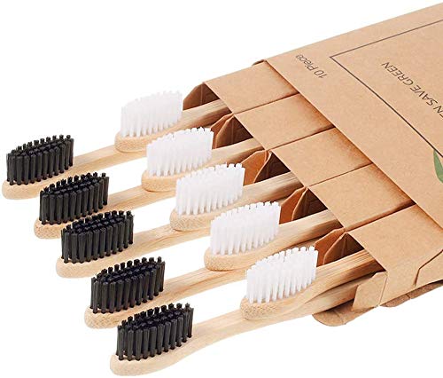 Cepillo Dientes Bambu, Cepillo de Carbón Bambú 10 Pack,Biodegradables Ecológicos y Embalaje Reciclable, 100% Libre de BPA