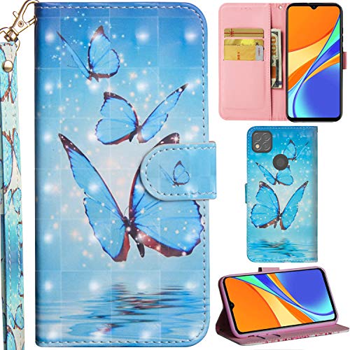 C/N DodoBuy Funda para Xiaomi Redmi 9C, 3D Flip Case Cover Carcasa Piel PU Billetera Soporte Ranuras Tarjetas Cierre Magnético Correa de Muñeca - Azul Mariposa