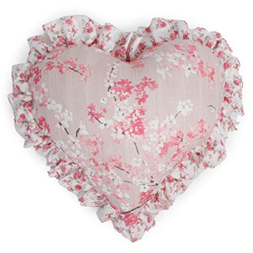 Cojín decorativo con forma de corazón con volante de tela de algodón puro con fantasía de flores de cerezo