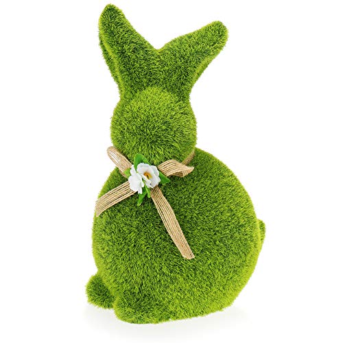 com-four® Figura Decorativa Conejo de Pascua con Lazo - Figura de Conejito de cerámica - Pelo de Conejo Hecho de césped Artificial Similar al Musgo [la selección varía] (1 Pieza Conejito 23cm Verde)