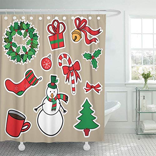 Conjuntos de cortinas de baño Baño impermeable Bola verde Etiqueta de Navidad para diseño de invierno Campana roja Berry Bow Box Bastón de caramelo Decoración para el hogar Juego de ganchos ajustables