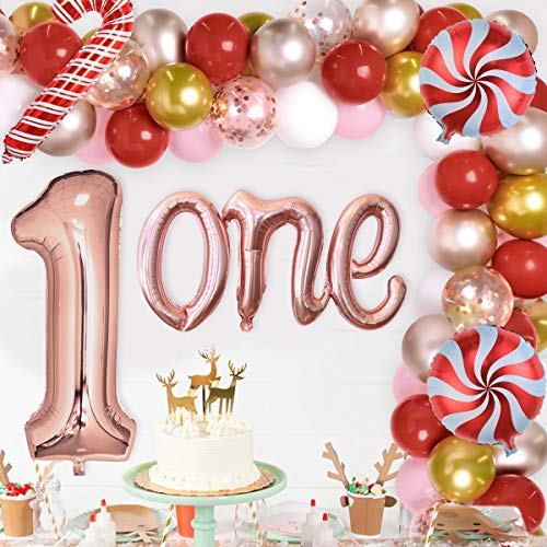 Decoraciones navideñas para el primer cumpleaños para niña Guirnalda de globos de oro rosa para Navidad Decoraciones para el primer cumpleaños Suministros Lollipop Candy Cane