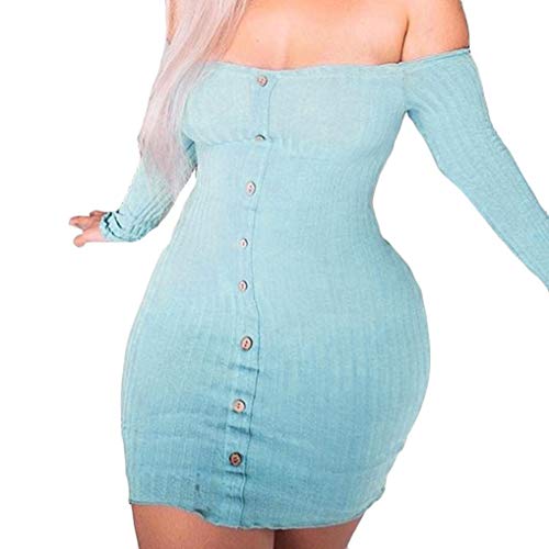 DEELIN De Otoño Invierno De Las Mujeres Moda Delgada Adelgazamiento Sexy Palabra De Manga Larga BotóN De Color SóLido con Cuello Redondo Vestido Casual De Punto Vestido (S, Azul)