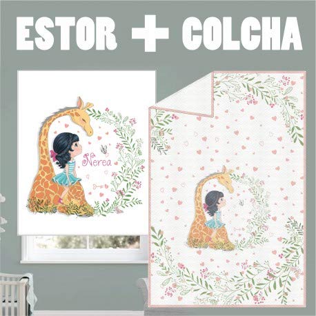 Desconocido Conjunto Colcha y Estor Personalizable Princesa Jirafa SC-003 ¡ESTORES ENROLLABLES + Cubre Cama Colcha a Juego Infantil o Juvenil con Nombre! (180X170)