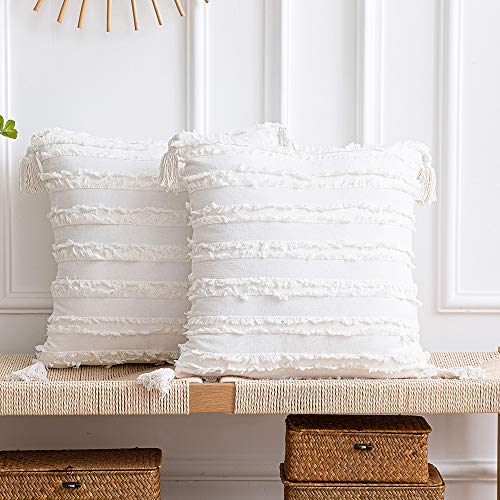 DEZENE Fundas de Almohada de 45x45 cm: Paquete de 2 Fundas de Cojín Decorativas Cuadradas de Lino de Algodón a Rayas Boho con Borlas para Sillón de Sofá de Granja, Blanco Marfil