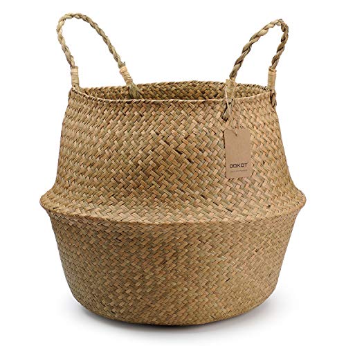 DOKOT Natural Seagrass Mimbre Cesta de Cesteria, Cestos para la Colada con Asa, Cesta Plegable para el Vientre Maceta, Decoracion para el Hogar Almacenar Juguetes, Ropa, Fruta o Plantas 45 x 36cm