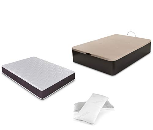 Dormidán - Pack de canapé abatible de Gran Capacidad + colchón viscoelástico + Almohada visco Copos de Regalo (150_x_190_cm, Wengué)