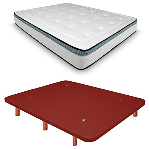 Duérmete Online Base Tapizada 3D Reforzada Anti Ruido + Colchón Viscoelástico Bio MAX | Patas de Madera Color Cerezo, Rojo, 90x190