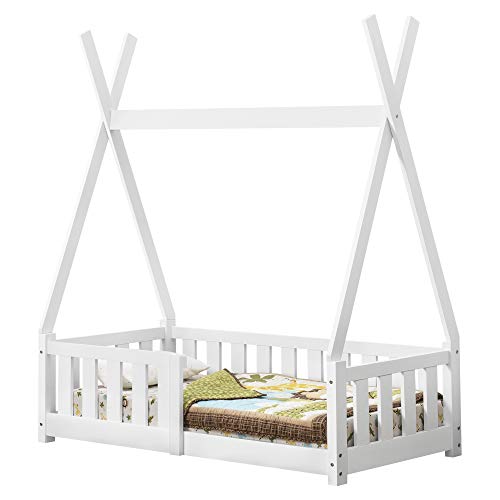 [en.casa] Cama para niños pequeños Cama Infantil 140x70cm Estructura Tipi de Madera Pino con reja de Seguridad (Blanco)