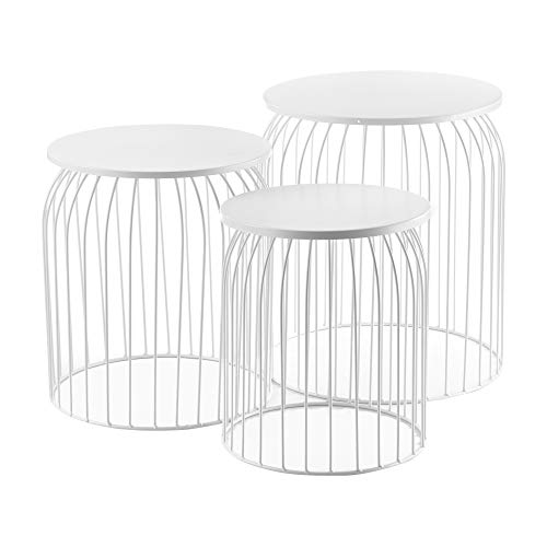 [en.casa] Set de 3X Cestas de Metal Mesa Baja Mesa Auxiliar para Almacenar Mesas de té y café Mesas de Centro Blanco