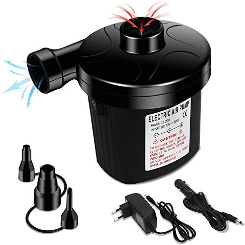 Enibon Bomba de Aire Eléctrica, Inflador Electrico Portátil para Inflar/Desinflar con 3 Boquillas, DC12V / AC220V-240V Casa/Coche Usado. LLenado Rápido para Piscina Colchon Hinchable Barcos Camping