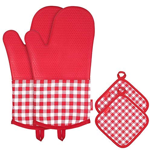 esonmus Guantes Horno Manoplas de Horno Guantes de Silicona para Horno Antideslizante un par + 2 Manteles Individuales Aislados para Cocinar Barbacoa