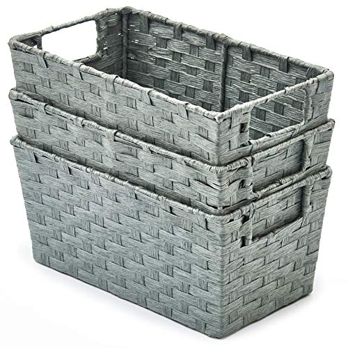 EZOWare 3 pcs Cestas de Almacenaje Multiuso, Cajas Organizadoras de Cuerda de Papel Natural con Efecto de Mimbre y Asas para Cocina, Baño - Gris, 30 x 17 x 14 cm