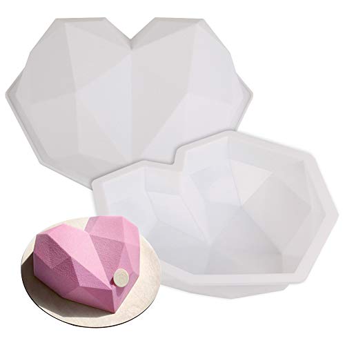 FANDE Molde para Tartas con Forma de Corazón, Molde de Silicona con fForma de Corazón de Diamante 3D, Molde para Hornear de San Valentín, Gelatina de Mousse de Chocolate para Tartas (2 PCS)