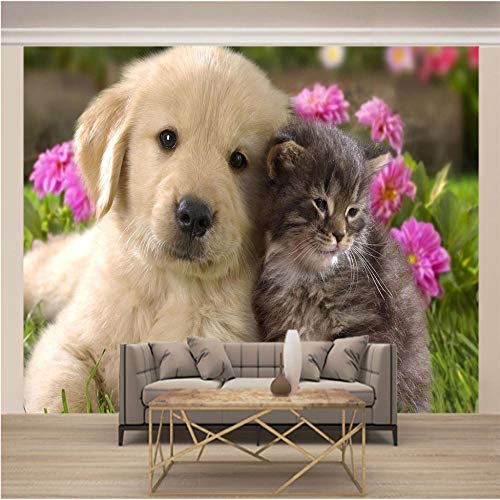 Fotomural Vinilo Pared,Perro Y Gato Flor Roja 430x300cm Murales Personalizados Papel Tapiz 3D Foto Pintura Mural Sala De Estar Dormitorio