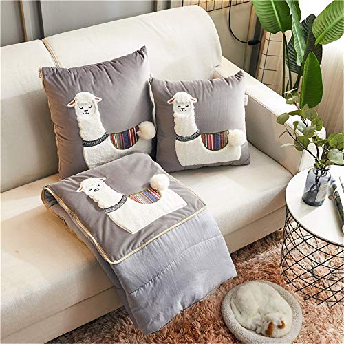 GHKT Edredón de Almohada de Doble propósito Patch Bordado Oficina Dual-Uso Cojín Aire Acondicionado Edredón Creativo Lindo Dibujos Animados Alpaca Almohada Edredón Almohadas de Viaje