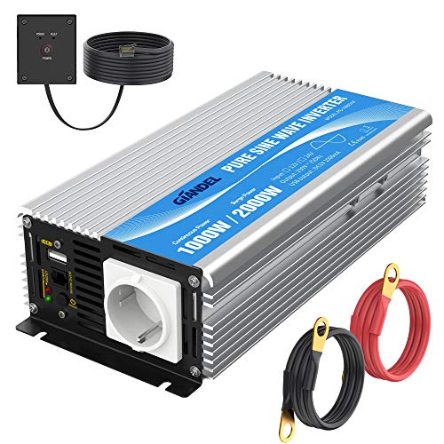 Giandel Inversor de Corriente de Onda Sinusoidal Pura 1000w Convertidor DC 12V a AC 220V 230V con Mando a Distancia con Toma de AC & 2.4A Puerto USB para Coche de camión RV