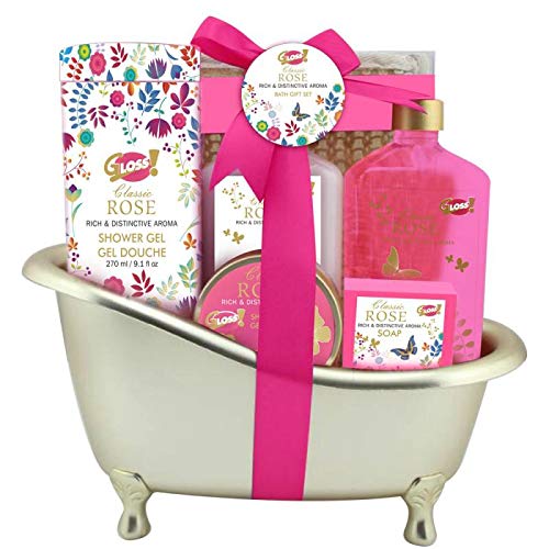 Gloss - caja de baño, caja de regalo para mujeres - Bath - Oro - Rosa - 8 piezas
