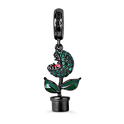 GNOCE 925 Plata Esterlina Piraña Flor Encanto Perla Chapado en Negro Señoras Encantos Peligroso Naturaleza Tema Encantos Colgantes Para Mujer Hombres Niña