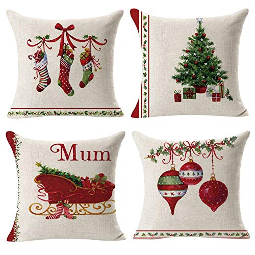 Gspirit 4 Pack Retro Navidad Algodón Lino Throw Pillow Case Funda de Almohada para Cojín 45x45 cm