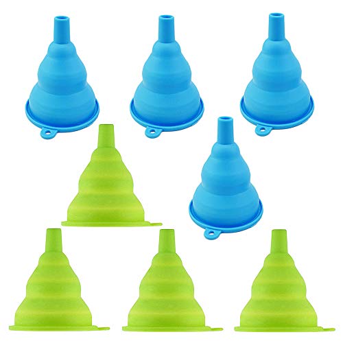 Gurxi Mini Embudo de Silicona Plegable Kitchen Mini Kitchen Silicona Embudo Plegable para la Transferencia de Vino de Cocina Salsa de Soja Aceite de Cocina y Champú 8 Piezas (Azul y Verde)