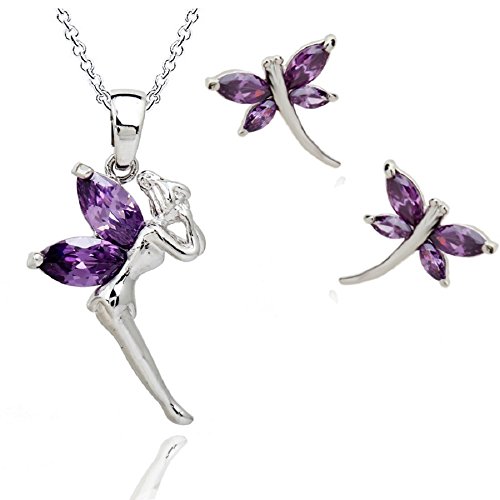 Hada Tinkerbell Violeta Cristales austríacos de Zirconia Juego de joyas Collar con colgante 45 cm Pendientes 18k Chapado en oro blanco