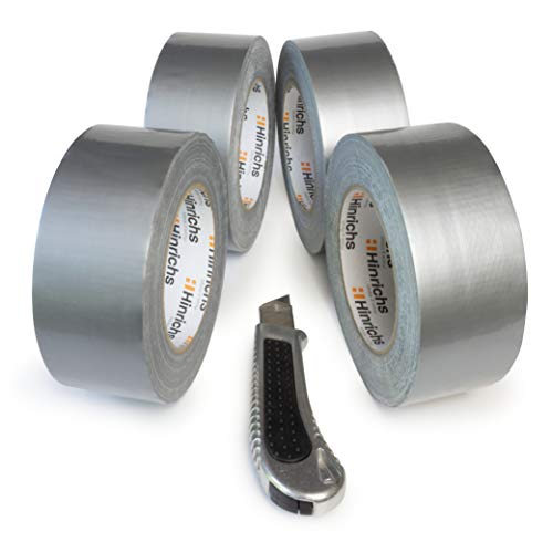 Hinrichs 4 rollos de cinta americana 50m, cinta adhesiva, plata - para interiores y exteriores - 50 m x 50 mm - cúter gratis