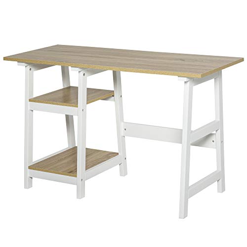 HOMCOM Mesa de Escritorio con Estantes Abiertos Mesa de Ordenador PC Moderna con Gran Espacio para Casa Oficina Dormitorio 119,5x51x74 cm Madera y Blanco