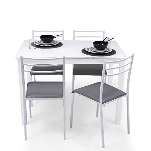 Homely Conjunto de Mesa de Cocina Extensible 110/140/170x70 cm+ 4 sillas Paris White