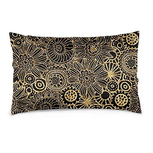 iksrgfvb Fundas de Almohada 16X24 Pulgadas Vector Doodle Shiny Folk Floral Gold Glitter Sparkle Flores en Negro Fundas de Almohada Sofá Coche Funda de cojín Decorativo para el hogar 40X60CM