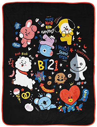 Jay Franco Line Friends BT21 Black & White Doodle Throw Blanket - Measures 46 x 60 inches, Kids Bedding - Fade Resistant Super Soft Fleece (Official Line Friends Product)