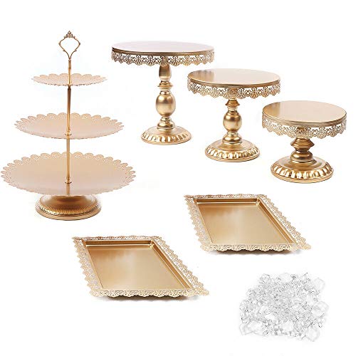 Juego de 6 soportes para tartas de cristal, para fiestas, cumpleaños, bodas, con colgante de cristal y perlas doradas