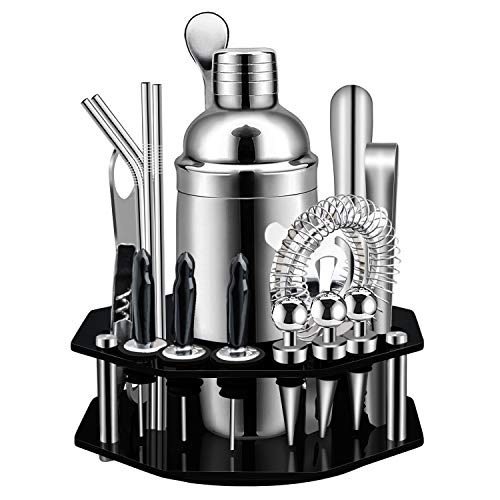 Juego de Coctelera,Set de Coctelería de 19 Piezas con Soporte Giratorio de PantallaOctogonal,SS304 Kit de Barman Premium de Acero Inoxidable para Hogar, Bar, Fiesta, Elección de Regalo Perfecta