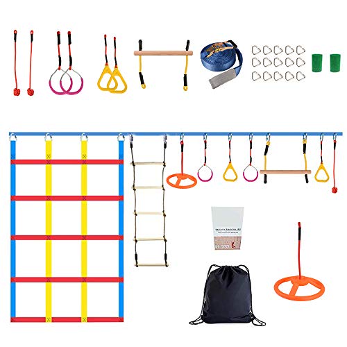 Kacsoo Kids Ninja Warrior Kit de carrera de obstáculos, 50 pies Slack Line Kit-Ninja Warrior Equipo de entrenamiento para adultos, anillos ninja, escalera de escalada y red de carga y rueda giratoria