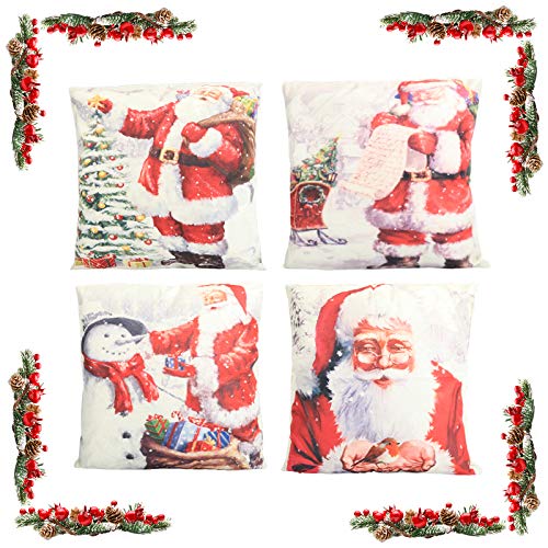 KATELUO 4 pcs Fundas navideñas para Cojines,Funda de Almohada de Navidad,Cojines Navideños Funda de Almohada,para sofá de decoración navideña, Cama, Decoración hogareña 45 cm x 45 cm. (Papá Noel)