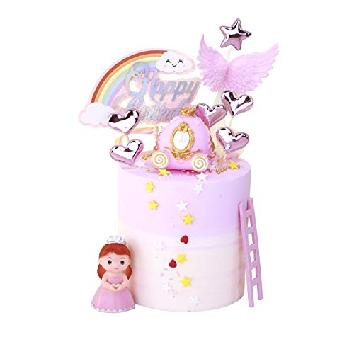 KATELUO Decoración de Tartas de Cumpleaños, Cake Topper, Decorar Tartas Infantiles, Princesa, Carro de Calabaza, Arco Iris, Alas de ángel, Corazón, Escaleras Pastel Topper para Niños Niñas