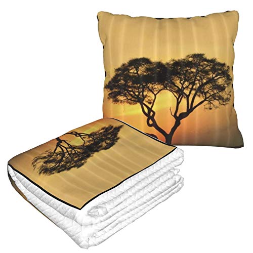 KIMDFACE Manta de Viaje súper Suave,Árbol de Acacia con Puesta de Sol,Manta Plegable,Almohada cómoda