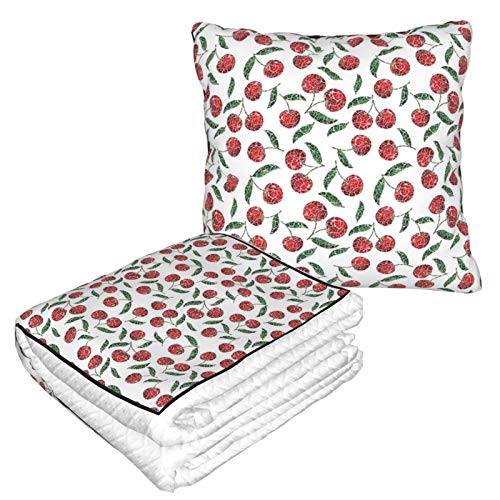 KIMDFACE Manta de Viaje súper Suave,Cerezas Estilo Mosaico Grunge Frutas Dulces Maduras Temporada Huerto Fresco Cosecha,Manta Plegable,Almohada cómoda