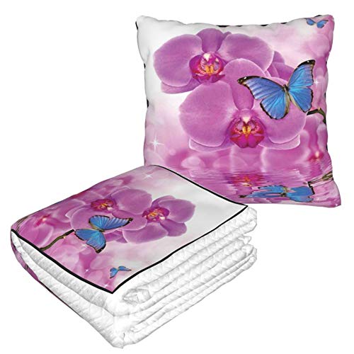 KIMDFACE Manta de Viaje súper Suave,Flor de la orquídea de la Mariposa en la impresión del Agua,Manta Plegable,Almohada cómoda