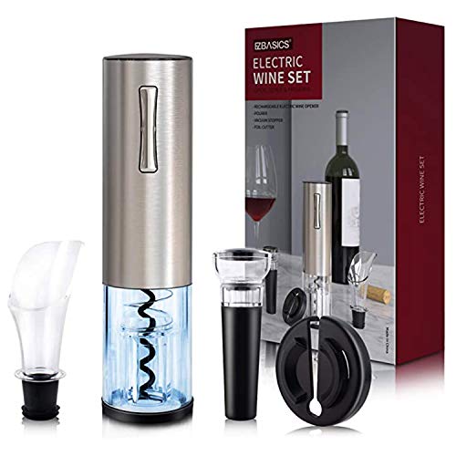 Kit de abridor de botellas de vino eléctrico, sacacorchos automático recargable que contiene cortador de papel de aluminio, tapón de vacío y vertedor de aireador de vino con cable de carga USB,Siliver