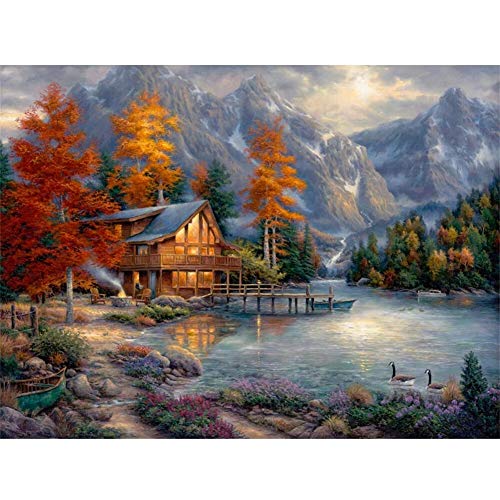 Kit de pintura diamante 5D completo, Chalet paisaje  DIY 5D diamond painting por Número Kits,Crystal Rhinestone adulto niño Bordado Art por Decor de la Pared del Hogar Square drill,30x50cm